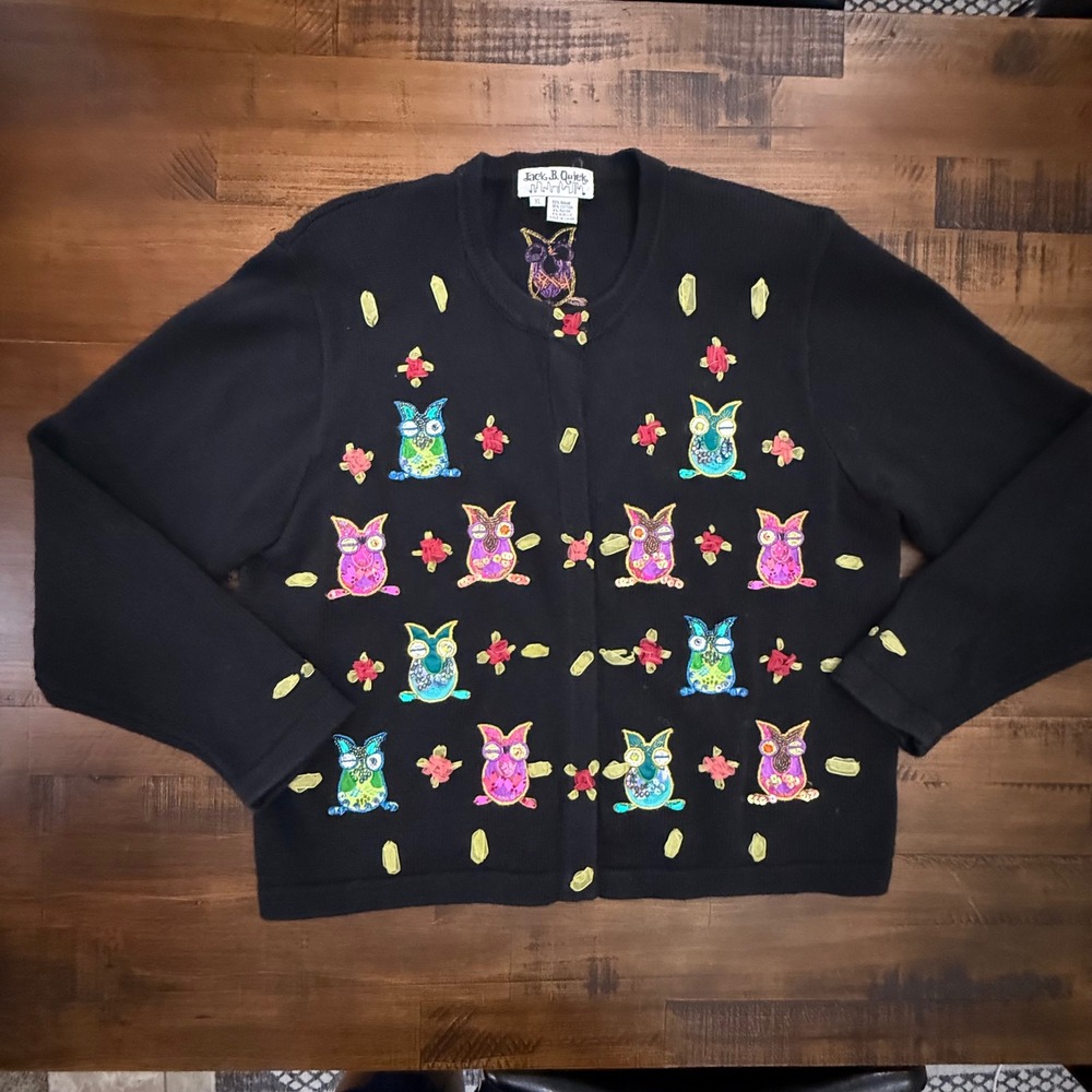 Vintage Jack‎ B Quick Black Embroidered Owl Cardigan Sweater Women's XL